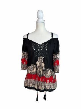 Angie Boho Black Red Cream Off Shoulder Crochet Tunic Top Women’s L